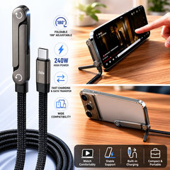 Foldable phone stand with cable and smartphone on a wooden surface