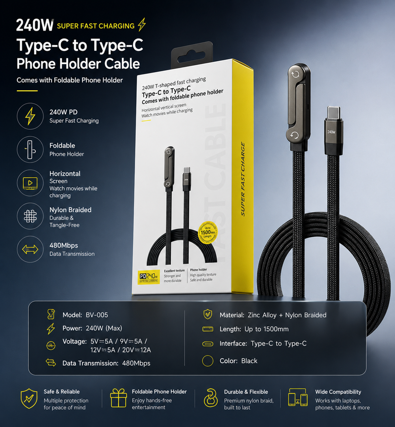 240W Type-C to Type-C phone holder cable with packaging on a dark background